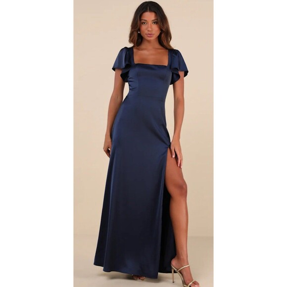 LULUS Ultimate Sweetness Navy Blue Satin Flutter Sleeve Maxi Dress Size Medium M - Picture 1 of 7